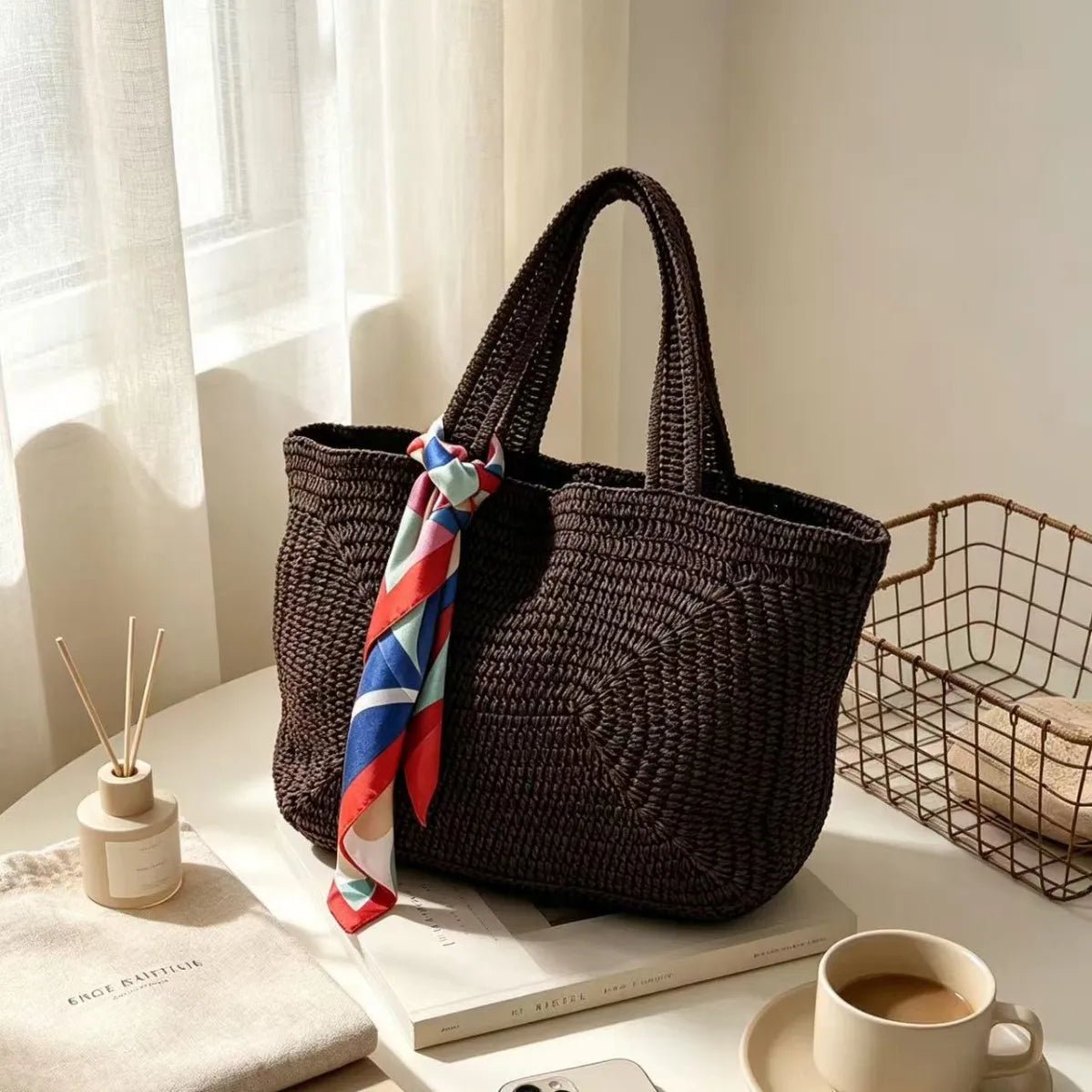 Hannie Handwoven Paper Rope Beach Tote Bag – Dark Brown