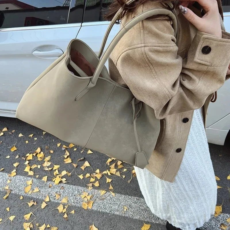 Joan Large Vegan Suede Shoulder Bag with Zip Closure – Beige – view 1