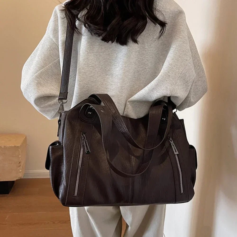Kyla Colour-Block Faux Leather Shoulder Bag with Zip Closure – Dark Brown – view 1