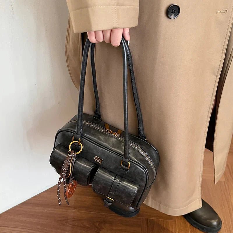 Jessa Multi-Pocket Vegan Leather Handbag with Zip Closure