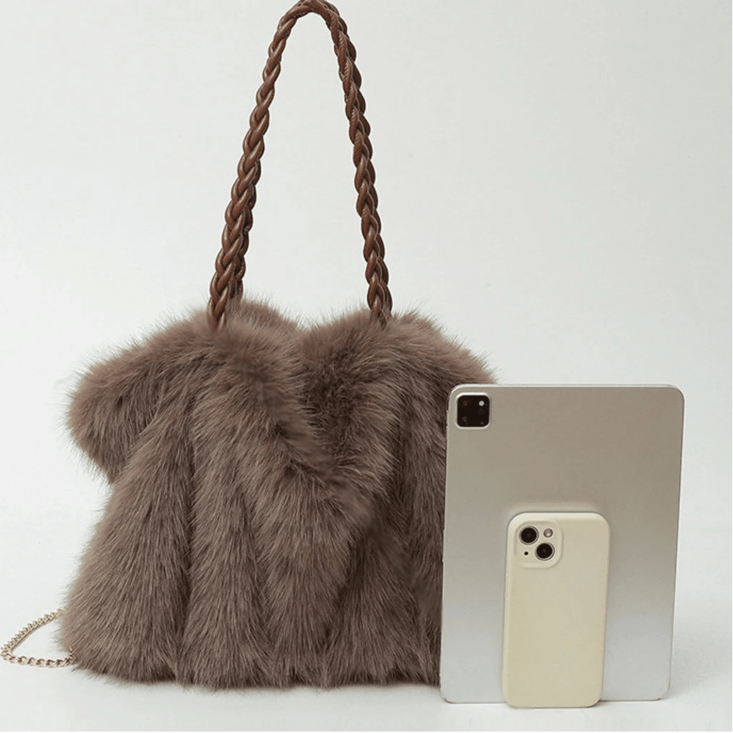 Loreen Pleated Faux Fur Tote Bag with Metal Chain Strap – view 8
