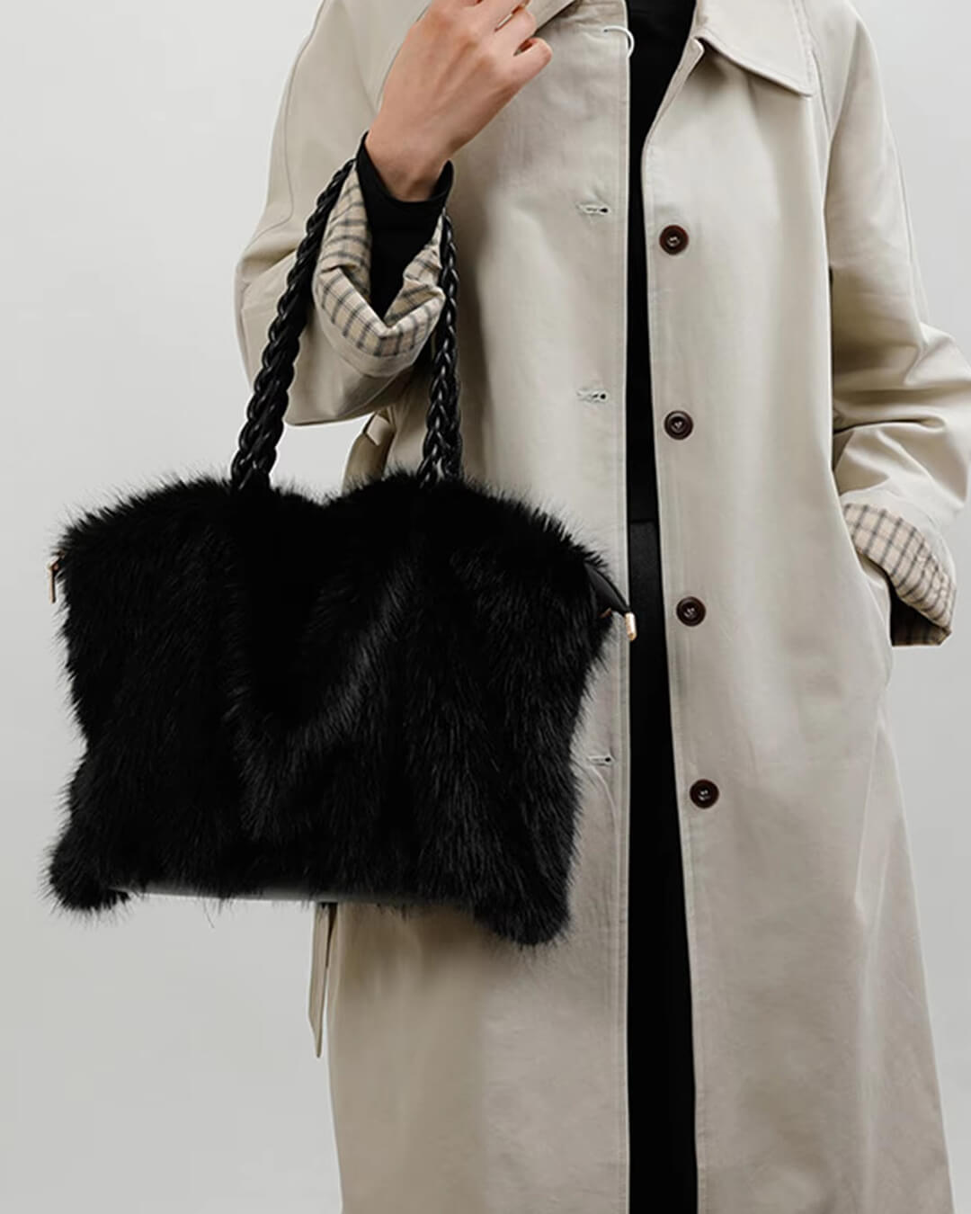 Loreen Pleated Faux Fur Tote Bag with Metal Chain Strap