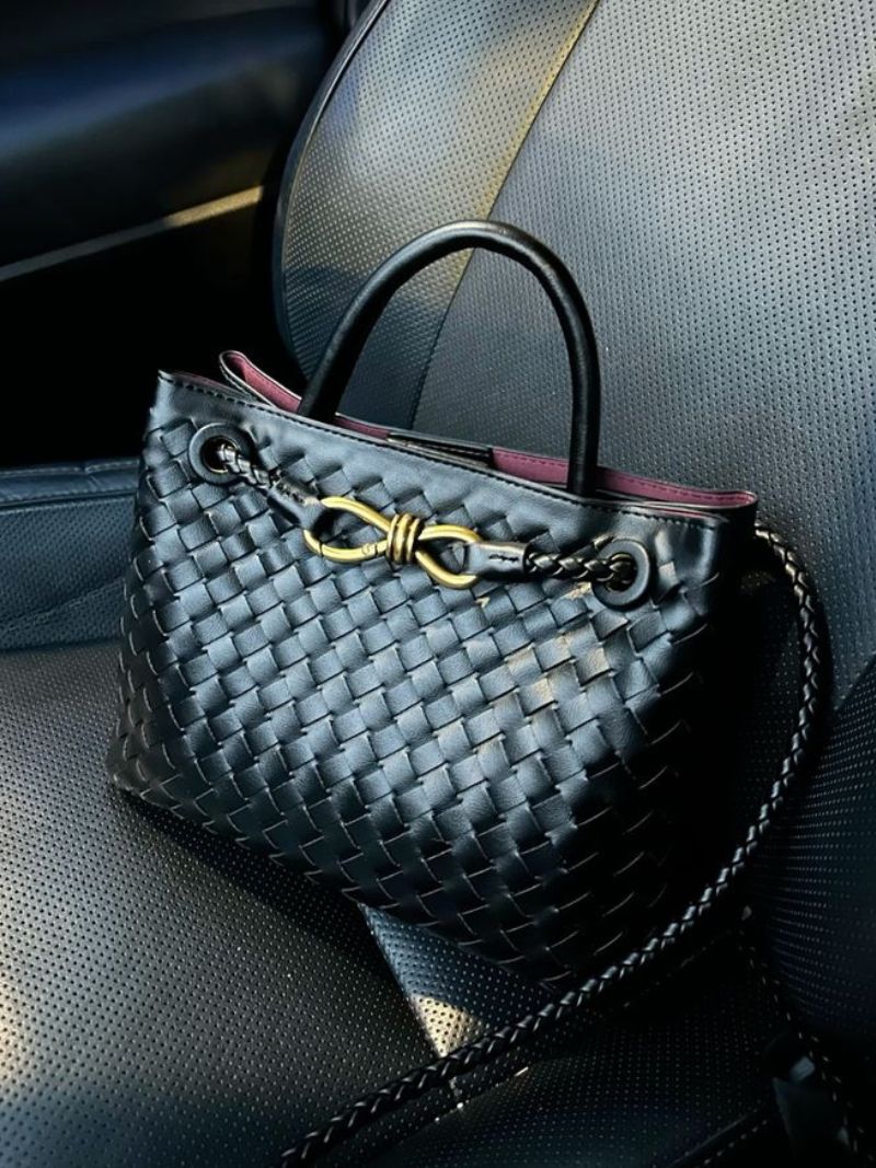 Lucia Woven Vegan Leather Structured Handbag in Two Sizes – view 7