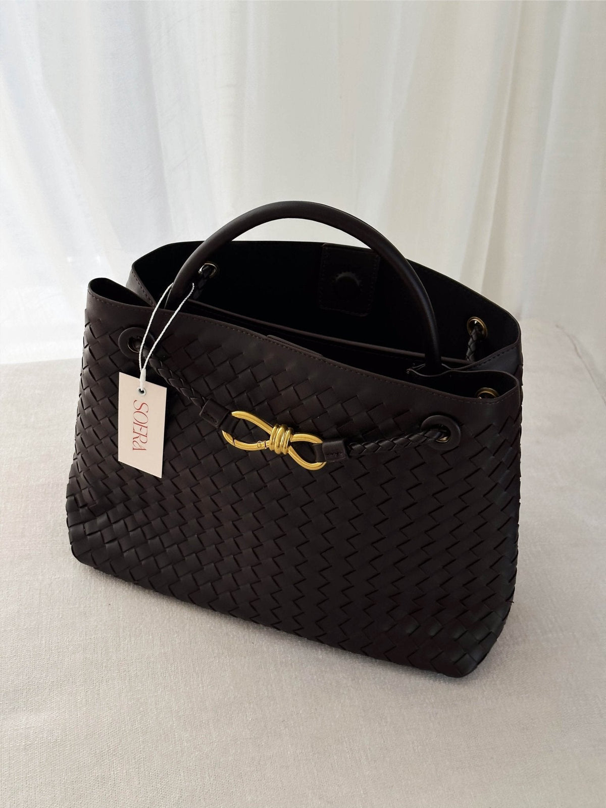 Lucia Small Woven Vegan Leather Bag with Gold-Tone Hardware – view 2