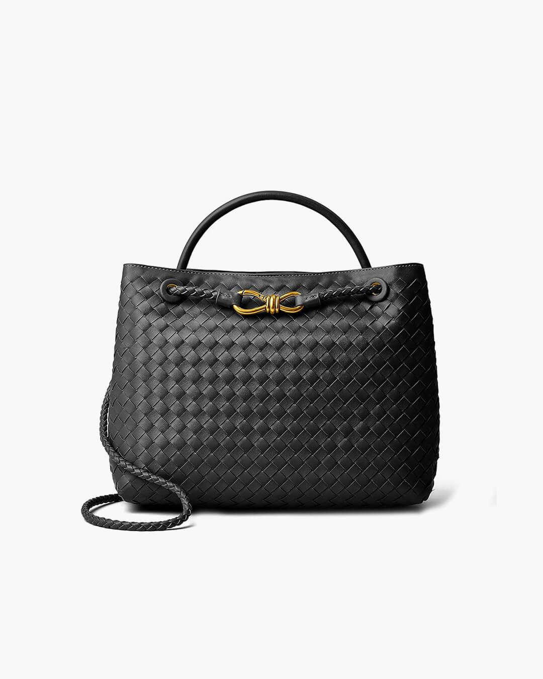 Lucia Woven Vegan Leather Structured Handbag in Two Sizes – Black – view 1