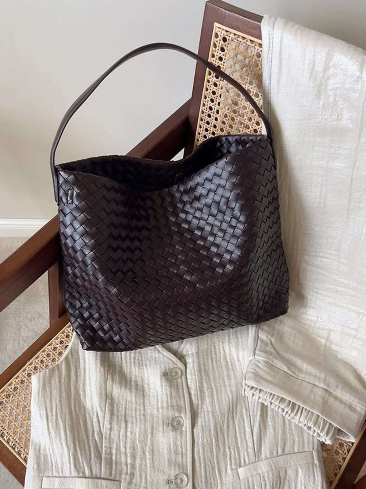 Sylvia Woven Vegan Leather Structured Tote Bag – view 12