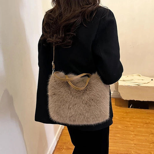 Maricar Plush Faux Fur Bucket Bag for Crossbody or Shoulder