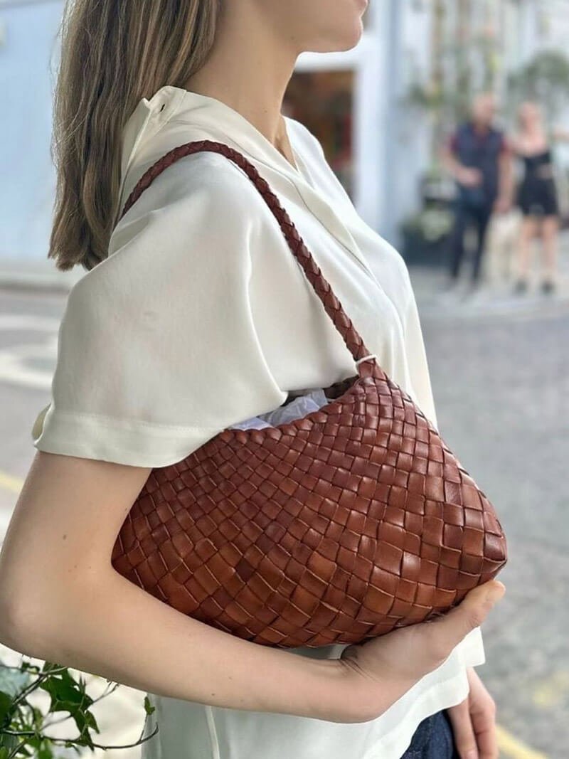 Marissa Small Woven Vegan Leather Crescent Bag with Handle