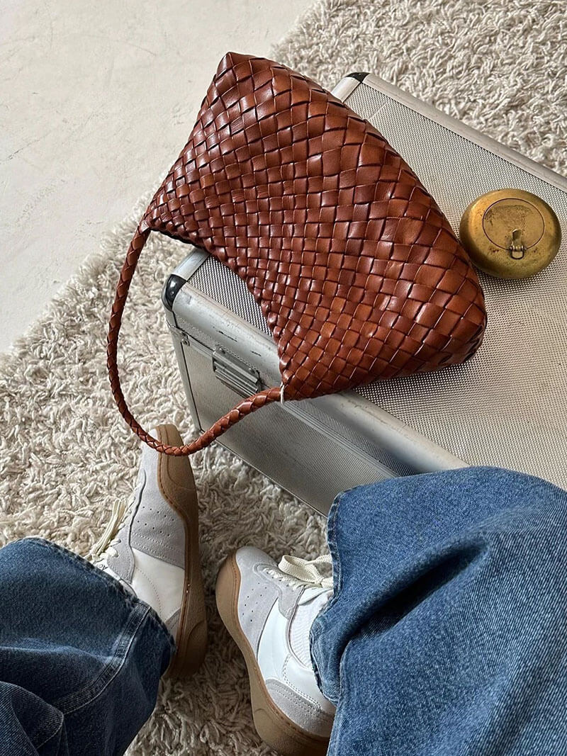 Marissa Small Woven Vegan Leather Crescent Bag with Handle