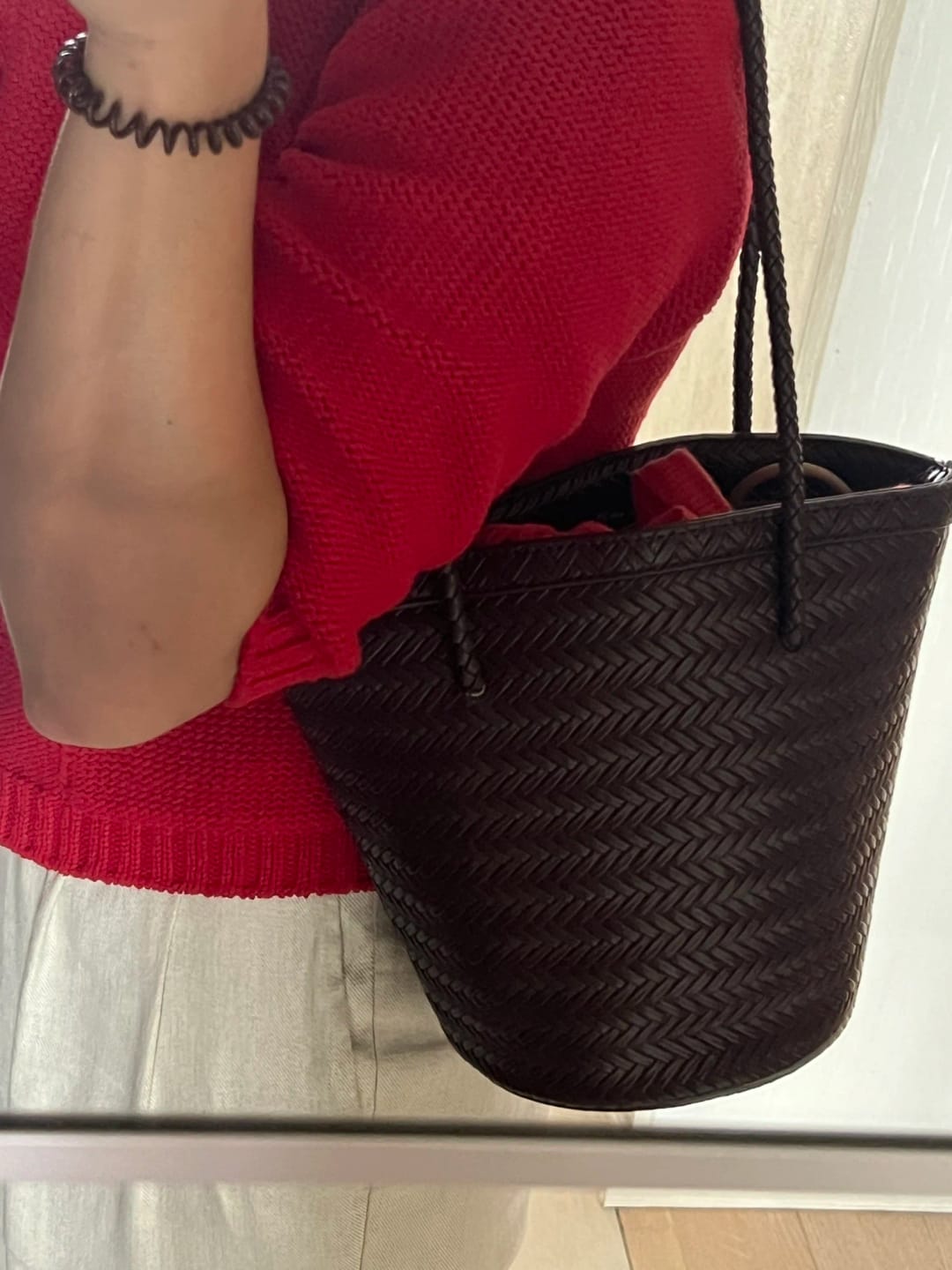 Meryl Woven Bucket Bag with Removable Pouch and Adjustable Strap