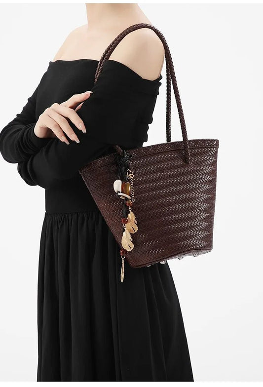 Meryl Woven Bucket Bag with Removable Pouch and Adjustable Strap