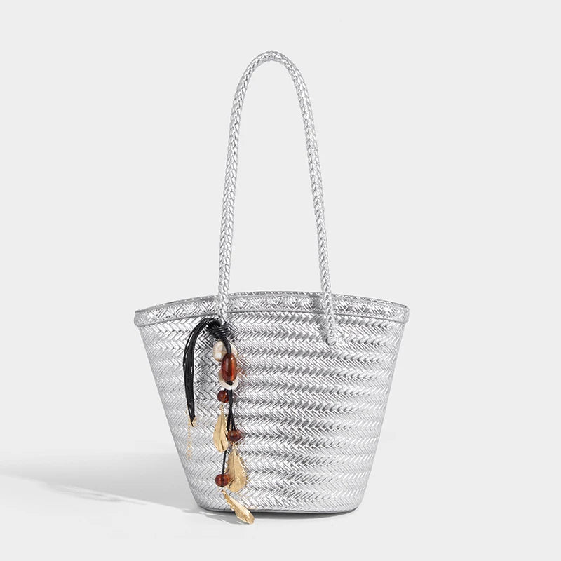 Meryl Woven Bucket Bag with Removable Pouch and Adjustable Strap