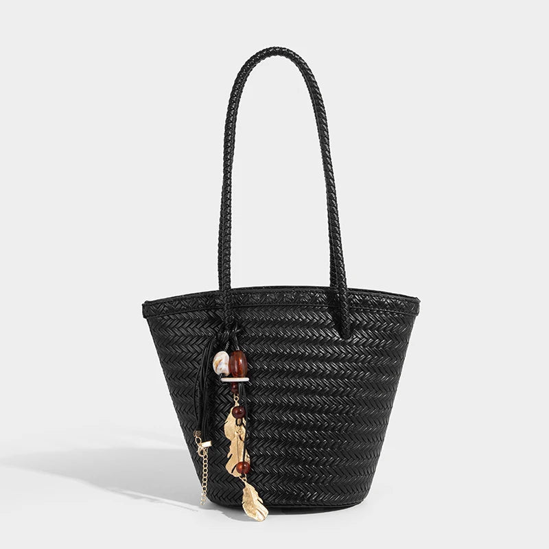 Meryl Woven Bucket Bag with Removable Pouch and Adjustable Strap