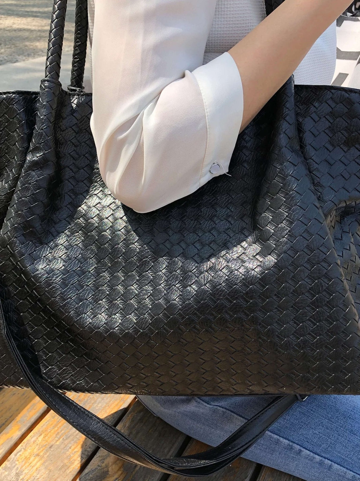 Gracie XL Hand-Woven Vegan Leather Top Handle Tote – Black