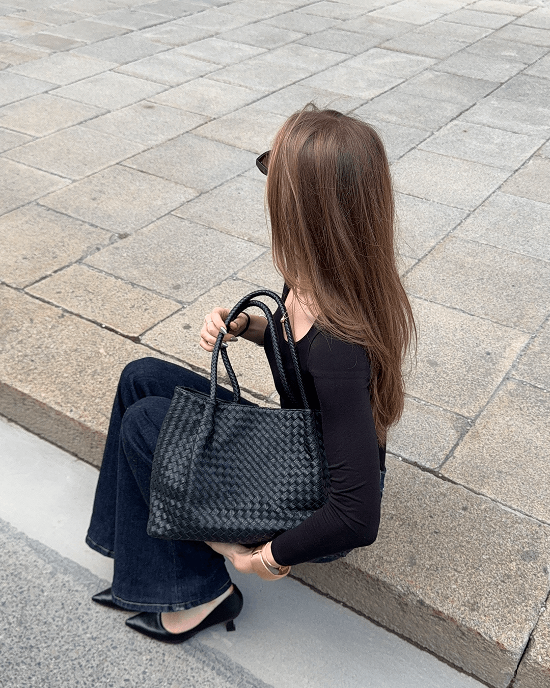Gracie XL Hand-Woven Vegan Leather Top Handle Tote – Black – view 6