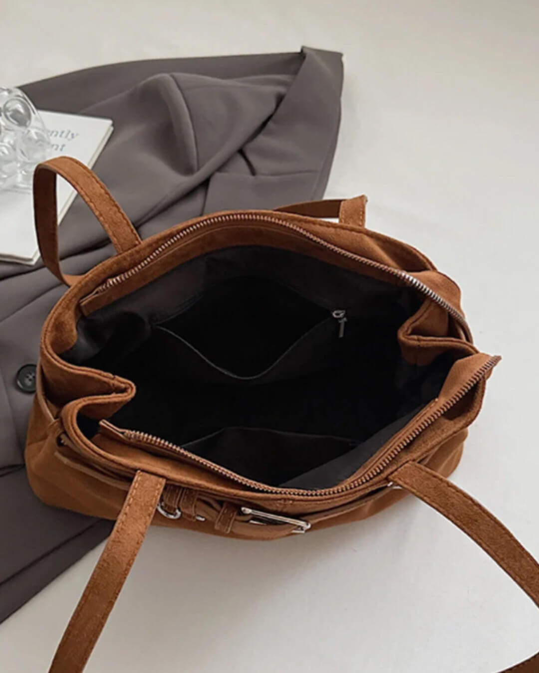 Nora Vegan Suede Shoulder Bag with Belt Buckle Closure – view 3