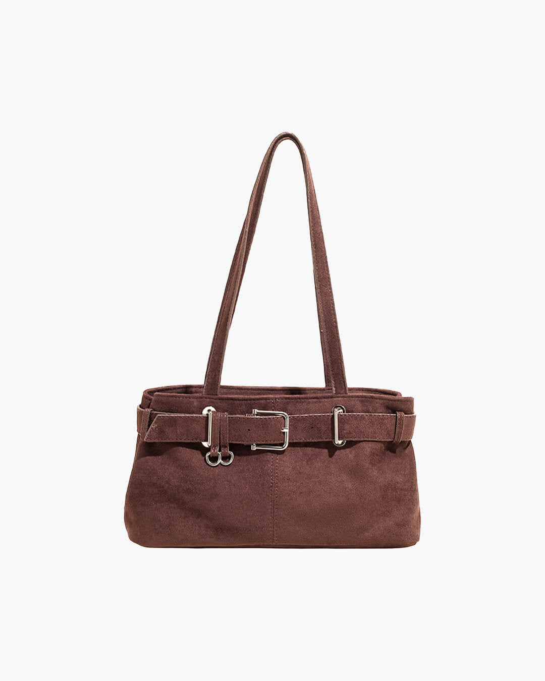 Nora Vegan Suede Shoulder Bag with Belt Buckle Closure – Dark Brown – view 1