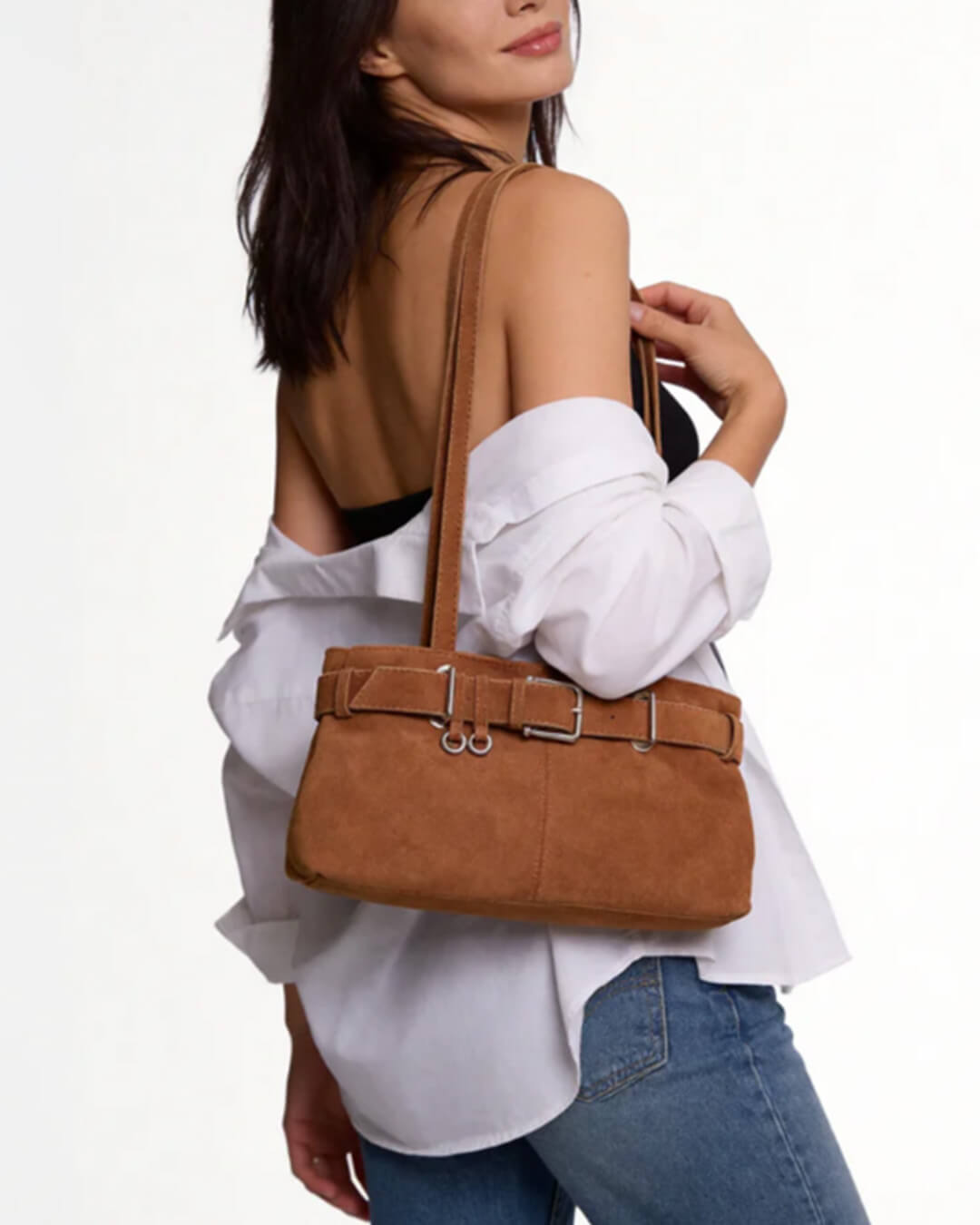 Nora Vegan Suede Shoulder Bag with Belt Buckle Closure