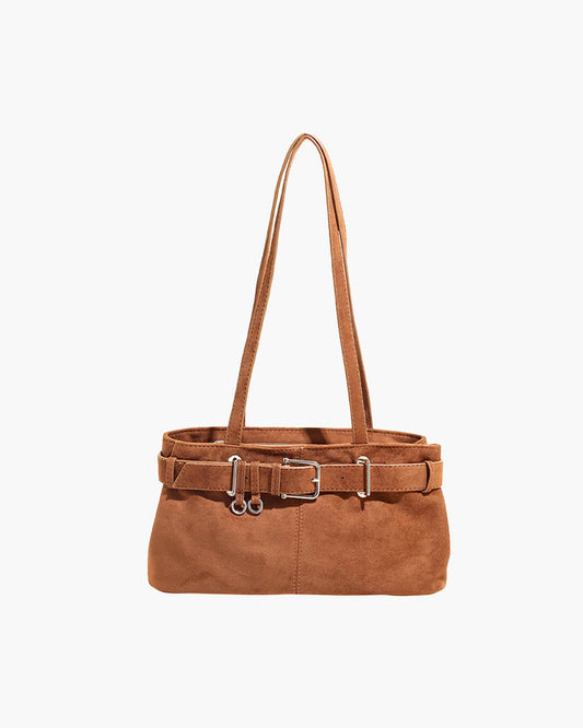 Nora Vegan Suede Shoulder Bag with Belt Buckle Closure