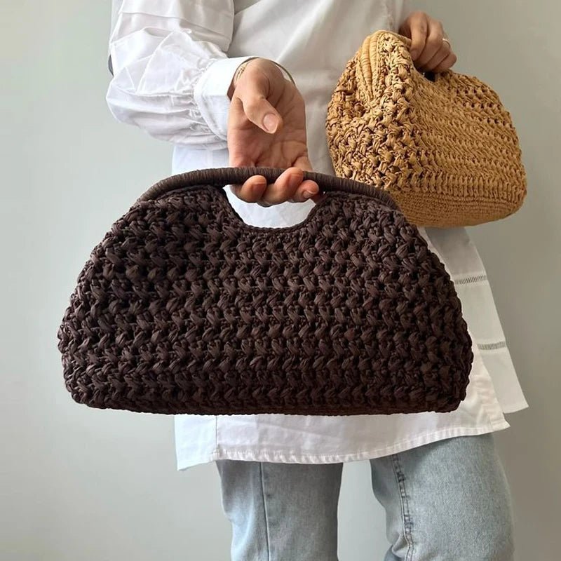 Celeste Woven Paper Straw Shell Clutch with Clip Closure – Brown