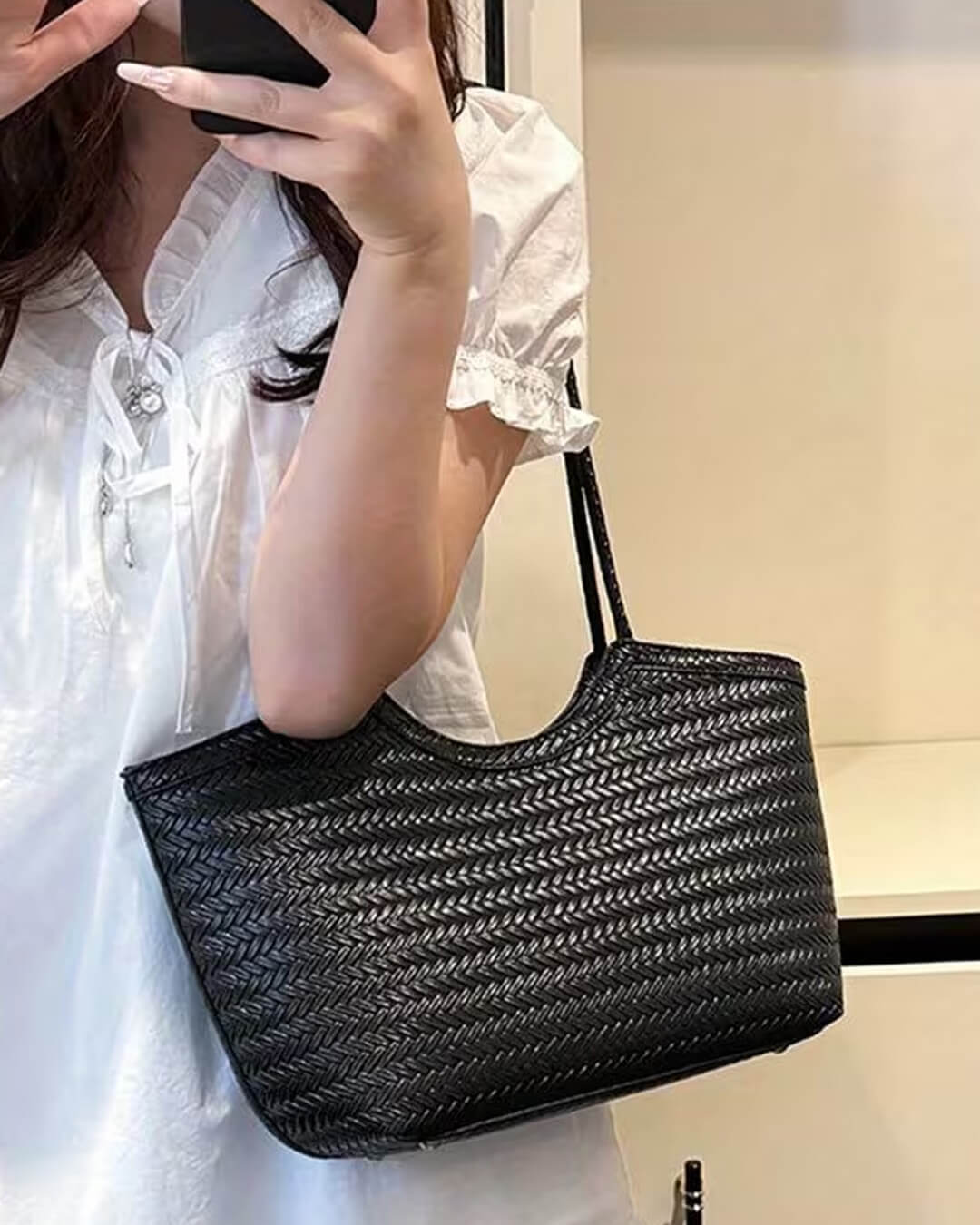 Rica Hand-Woven Faux Leather Shoulder Tote Bag
