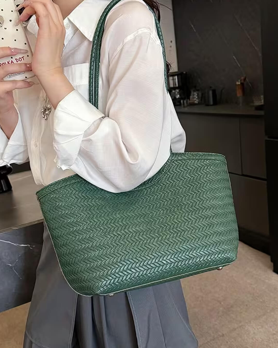 Rica Hand-Woven Faux Leather Shoulder Tote Bag