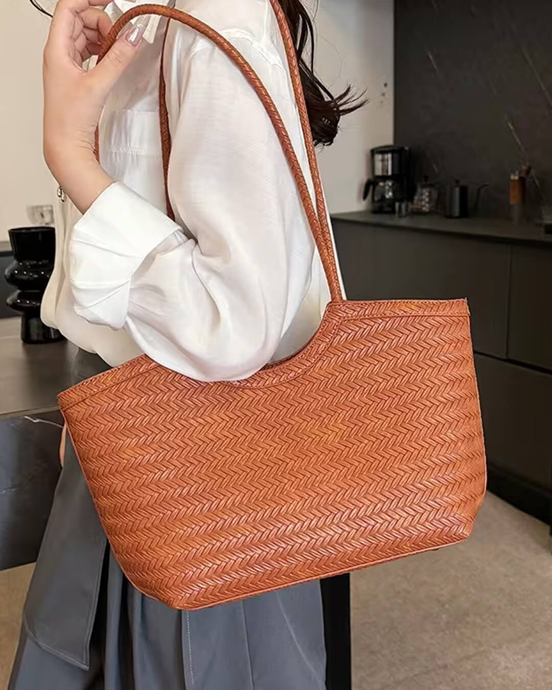 Rica Hand-Woven Faux Leather Shoulder Tote Bag – view 5