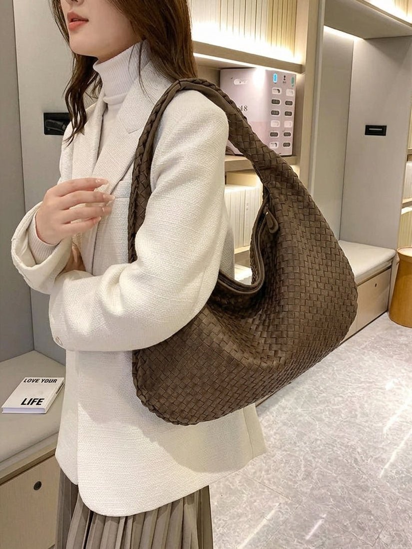 XL Woven Faux Suede Shoulder Bag with Braided Panels – view 8