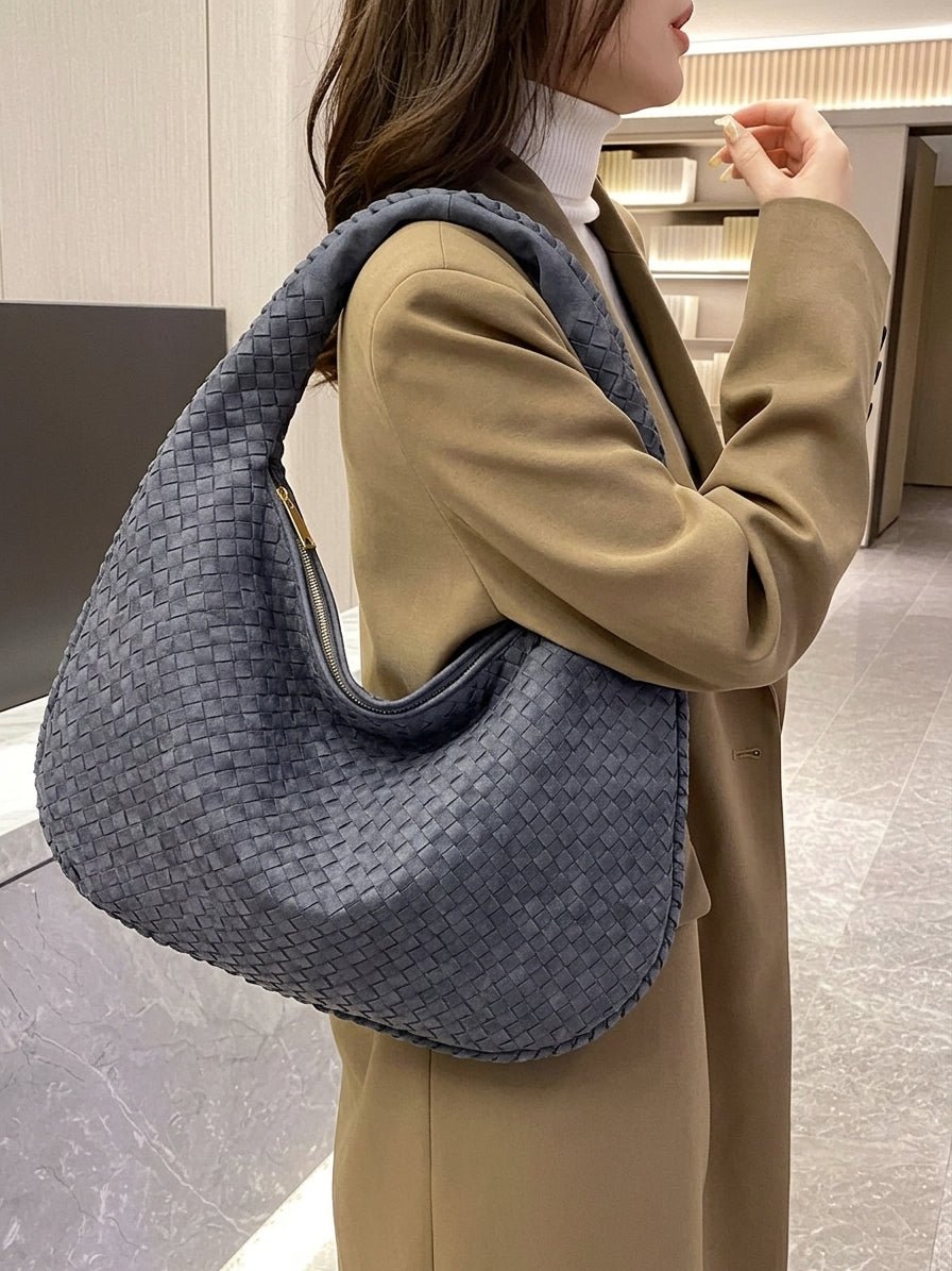 XL Woven Faux Suede Shoulder Bag with Braided Panels