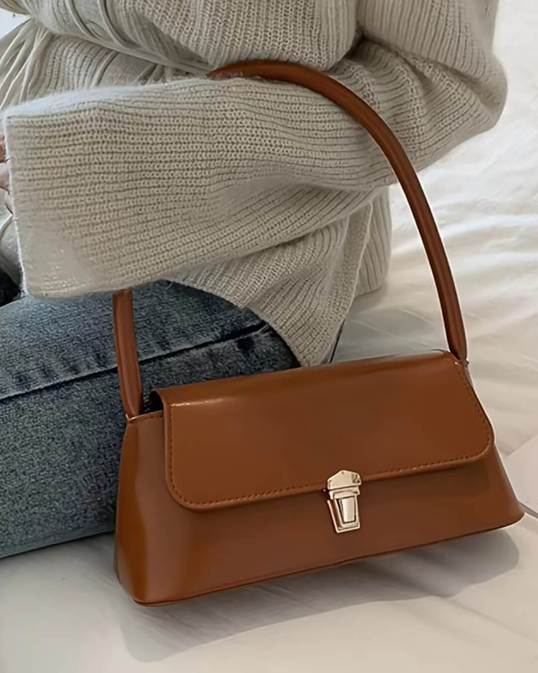 Tally Vegan Leather Satchel Shoulder Bag with Lock Detail – view 6