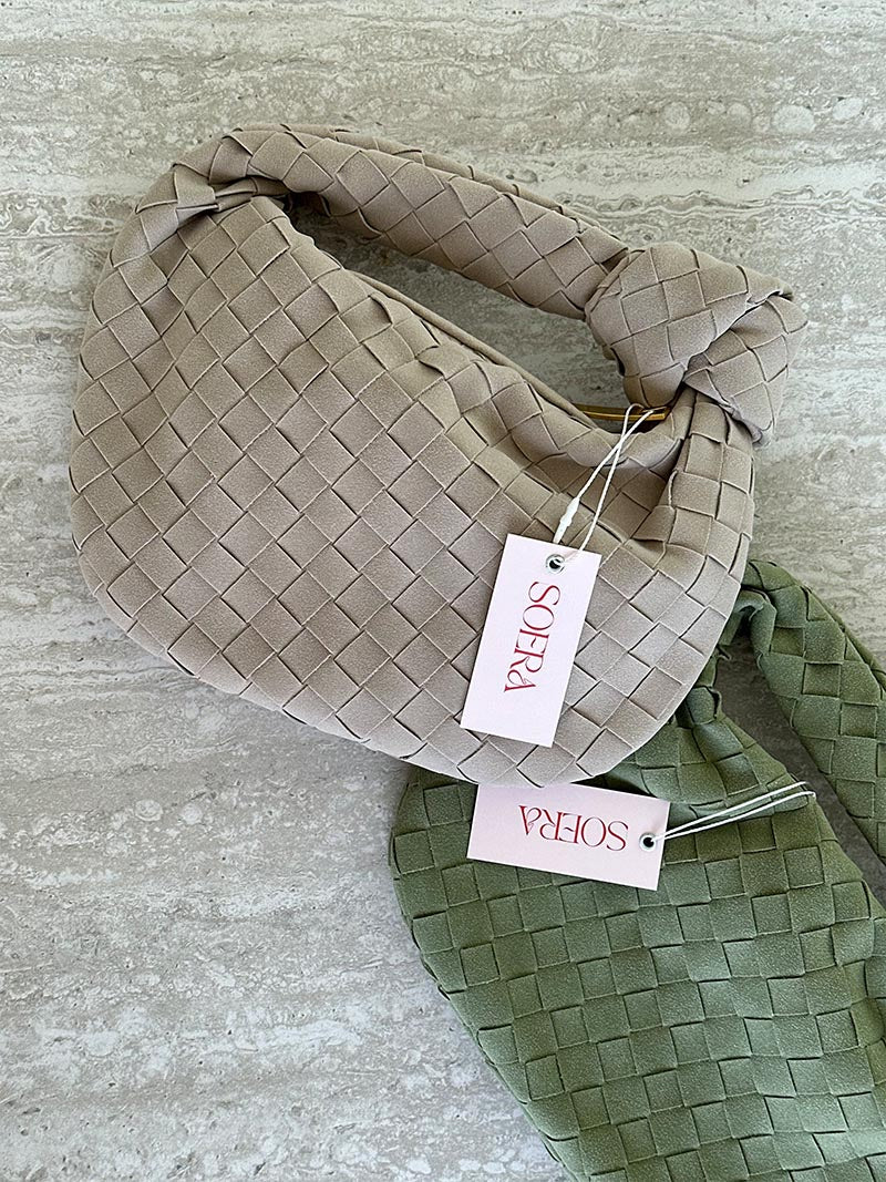Woven Faux Suede Mini Handbag with Knot Closure