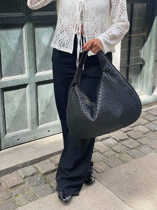 Woven Lattice Vegan Leather XL Structured Satchel Bag