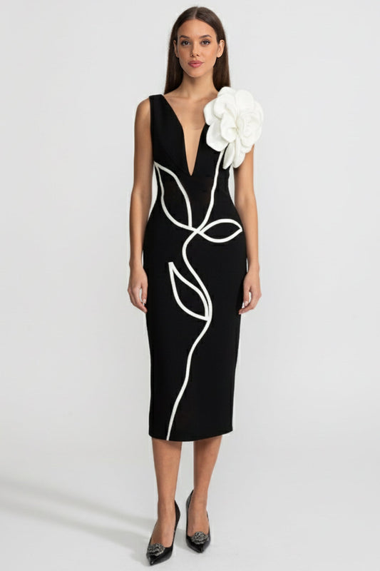 Floral Appliqué Plunging V-Neck Sculpted Shoulder Midi Dress – Black & White