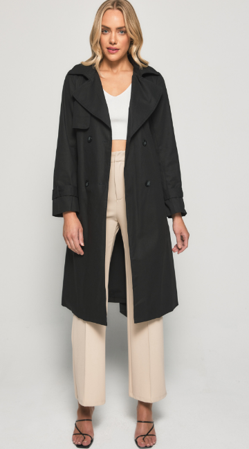 Byron Oversized Longline Cotton Trench Coat with Waist Tie – Black