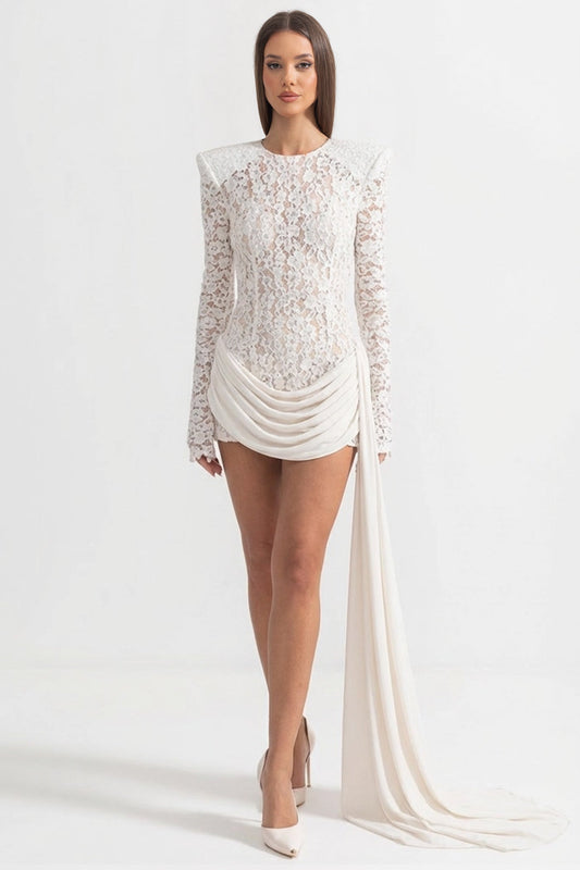 Long Sleeve Sequin Lace Mini Dress with Structured Shoulders – White