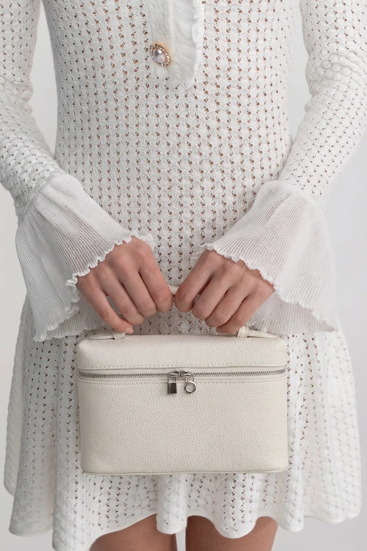Structured Pebbled Leather Vanity Bag with Top Handle – White
