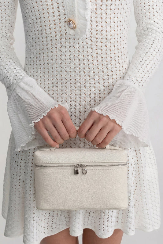 Structured Pebbled Leather Vanity Bag with Top Handle – White