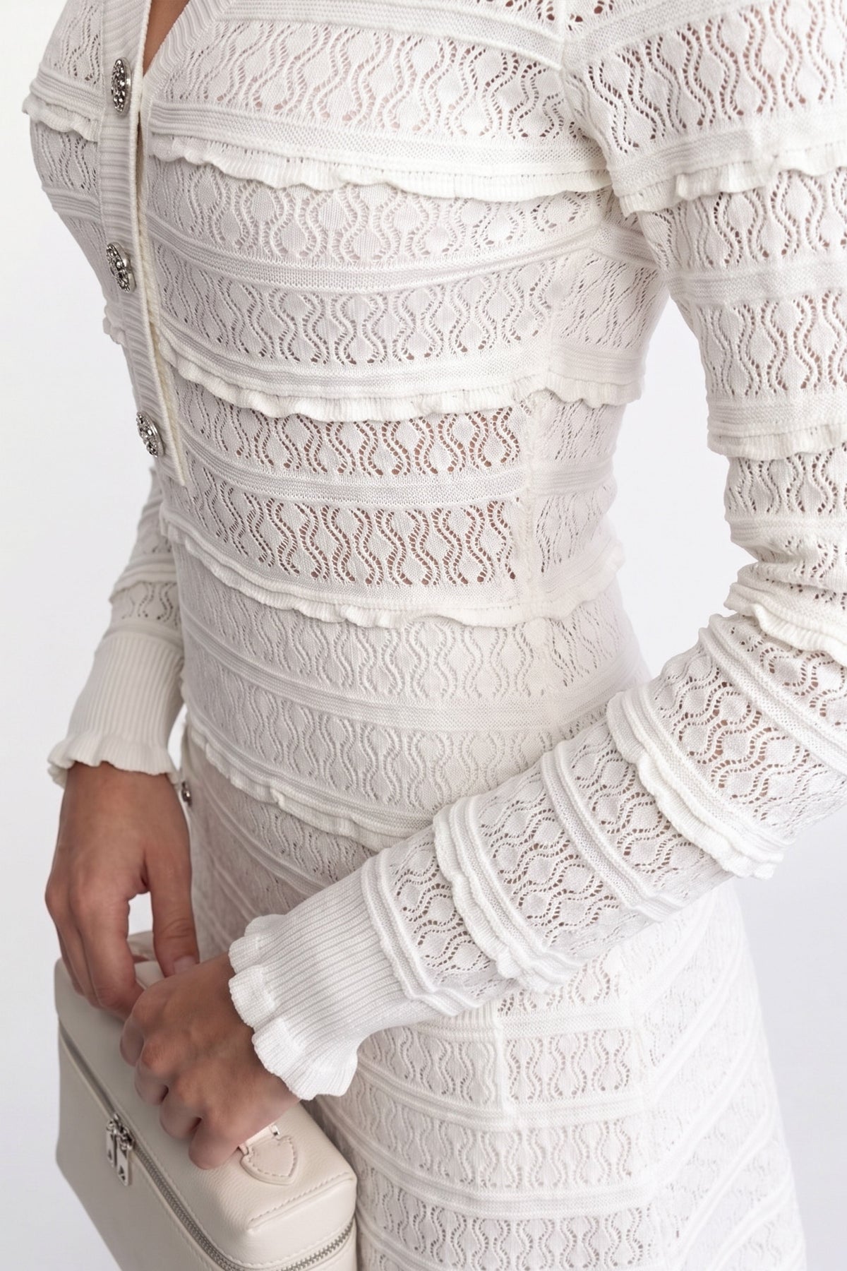 Long Sleeve Knit Fit and Flare Mini Dress with Crystal Buttons – White