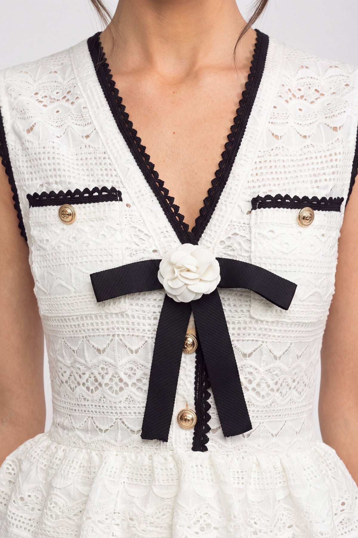 Sleeveless Crochet Knit Midi Dress with Black Trim and Bow – White – view 2