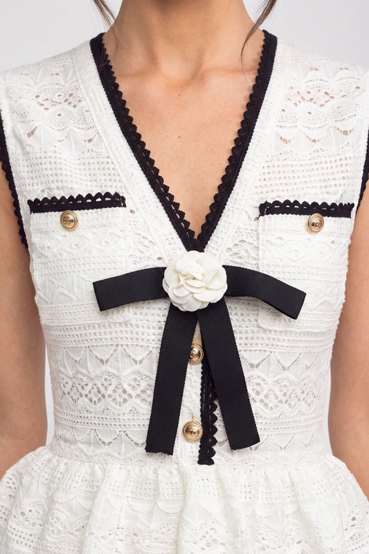 Sleeveless Crochet Knit Midi Dress with Black Trim and Bow – White – view 2