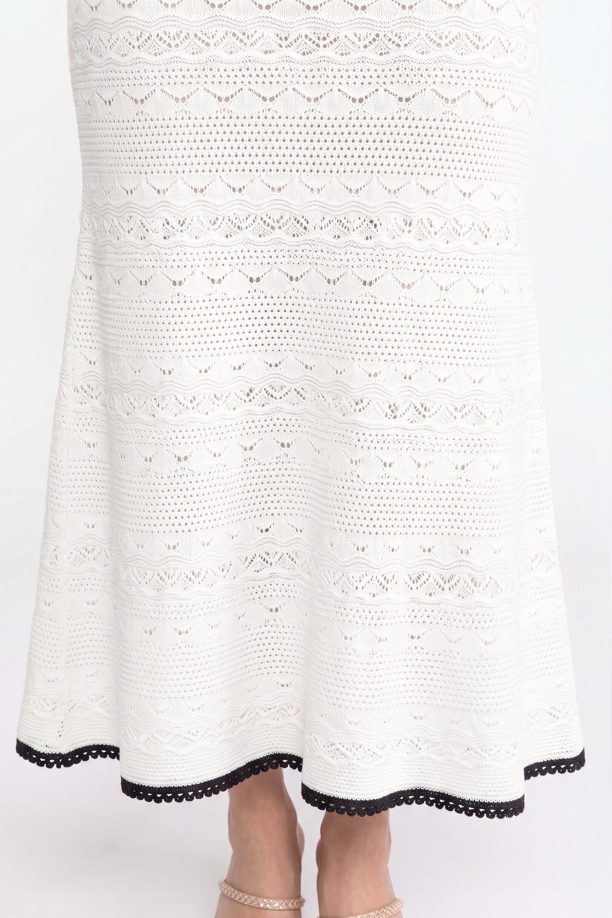 Sleeveless Crochet Knit Midi Dress with Black Trim and Bow – White – view 5