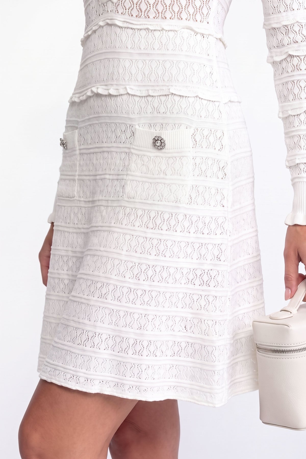 Long Sleeve Knit Fit and Flare Mini Dress with Crystal Buttons – White