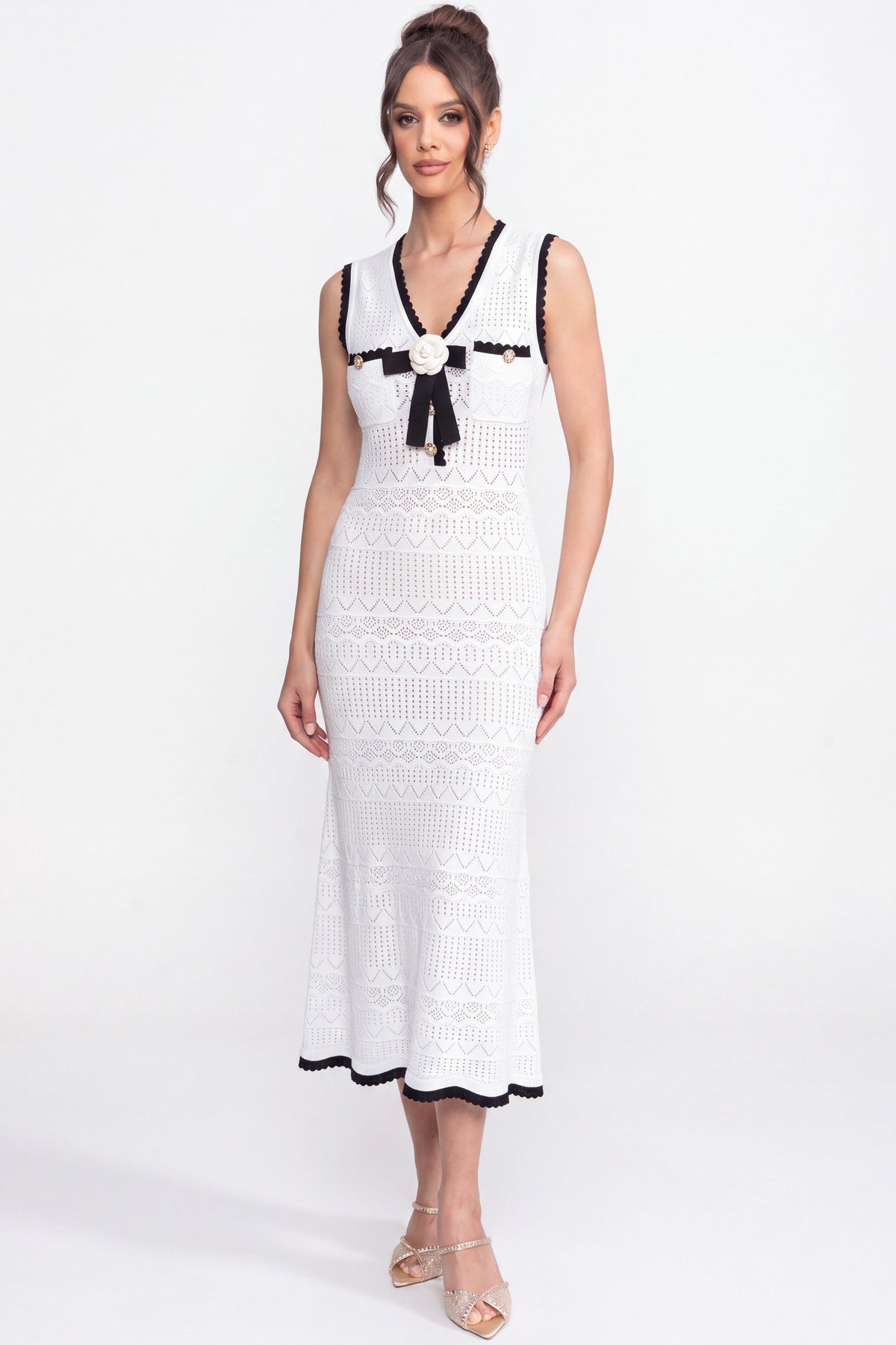 Sleeveless Crochet Knit Midi Dress with Black Trim and Bow – White
