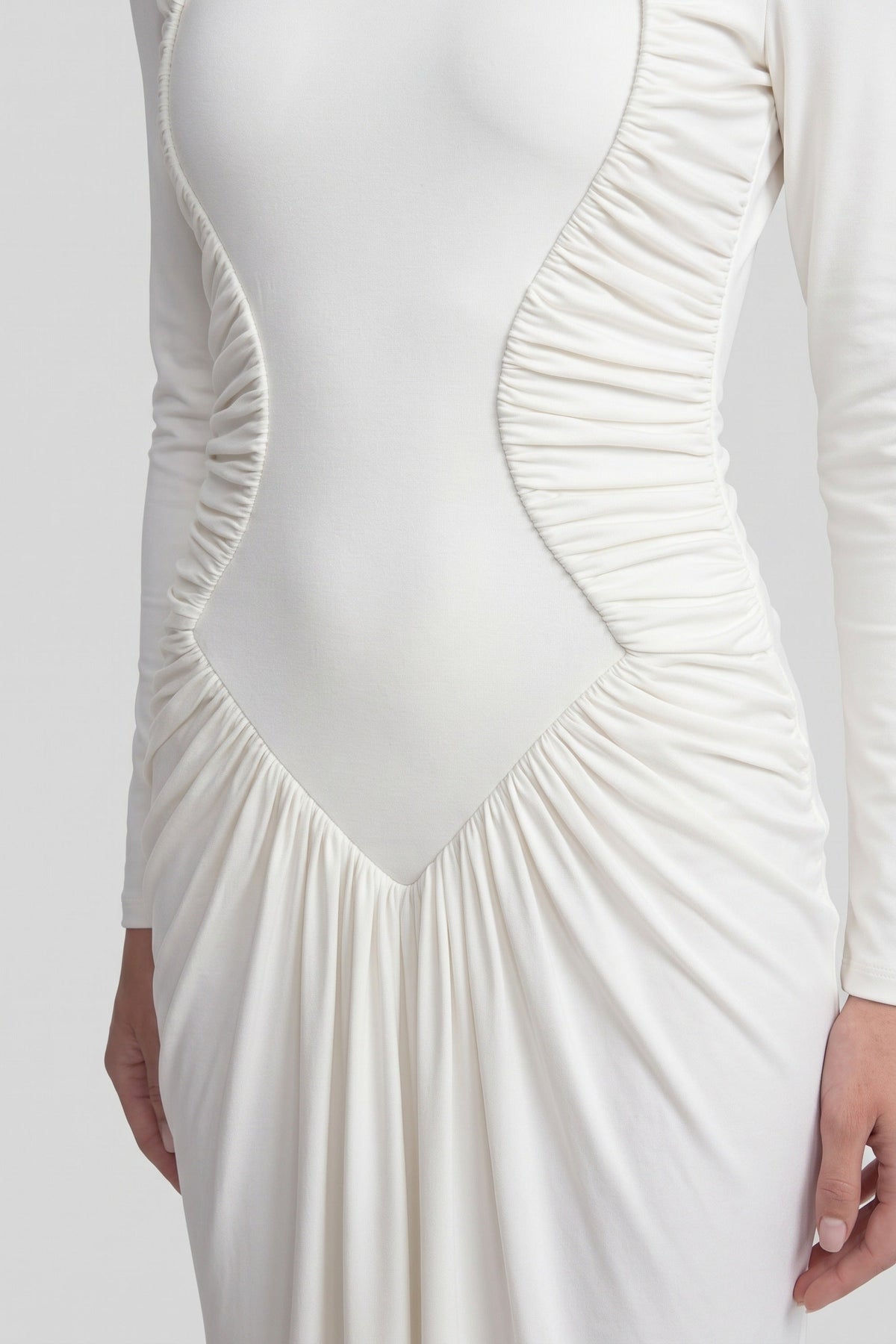 Mock Neck Long Sleeve Ruched Mermaid Gown with Train – White – view 5
