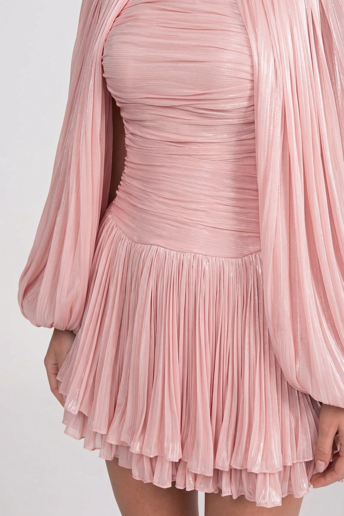 High Neck Balloon Sleeve Pleated Trapeze Mini Dress – Pink – view 9