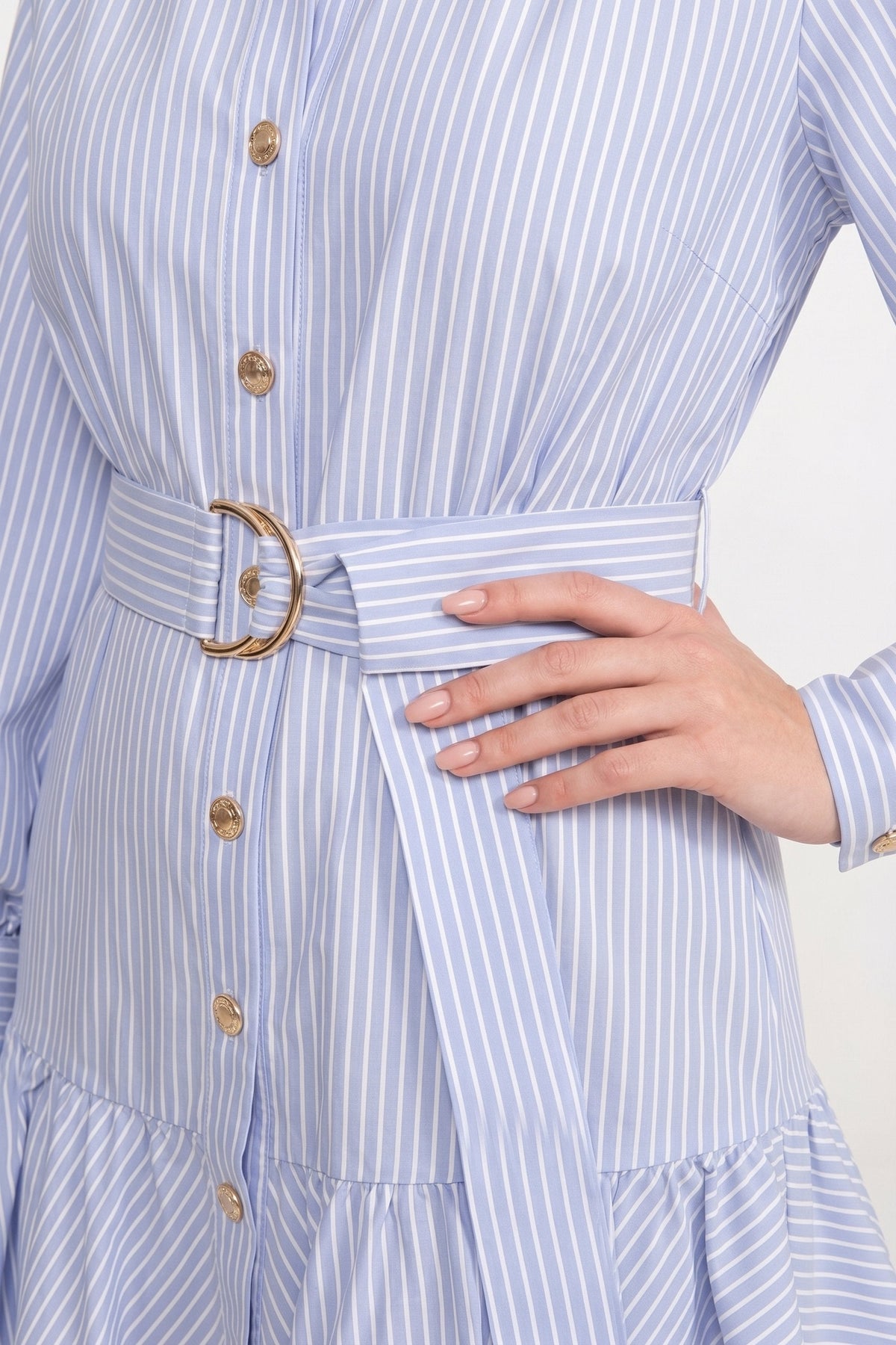 High Neck Striped Mini Dress with Balloon Sleeves and Bow Belt – Blue – view 5