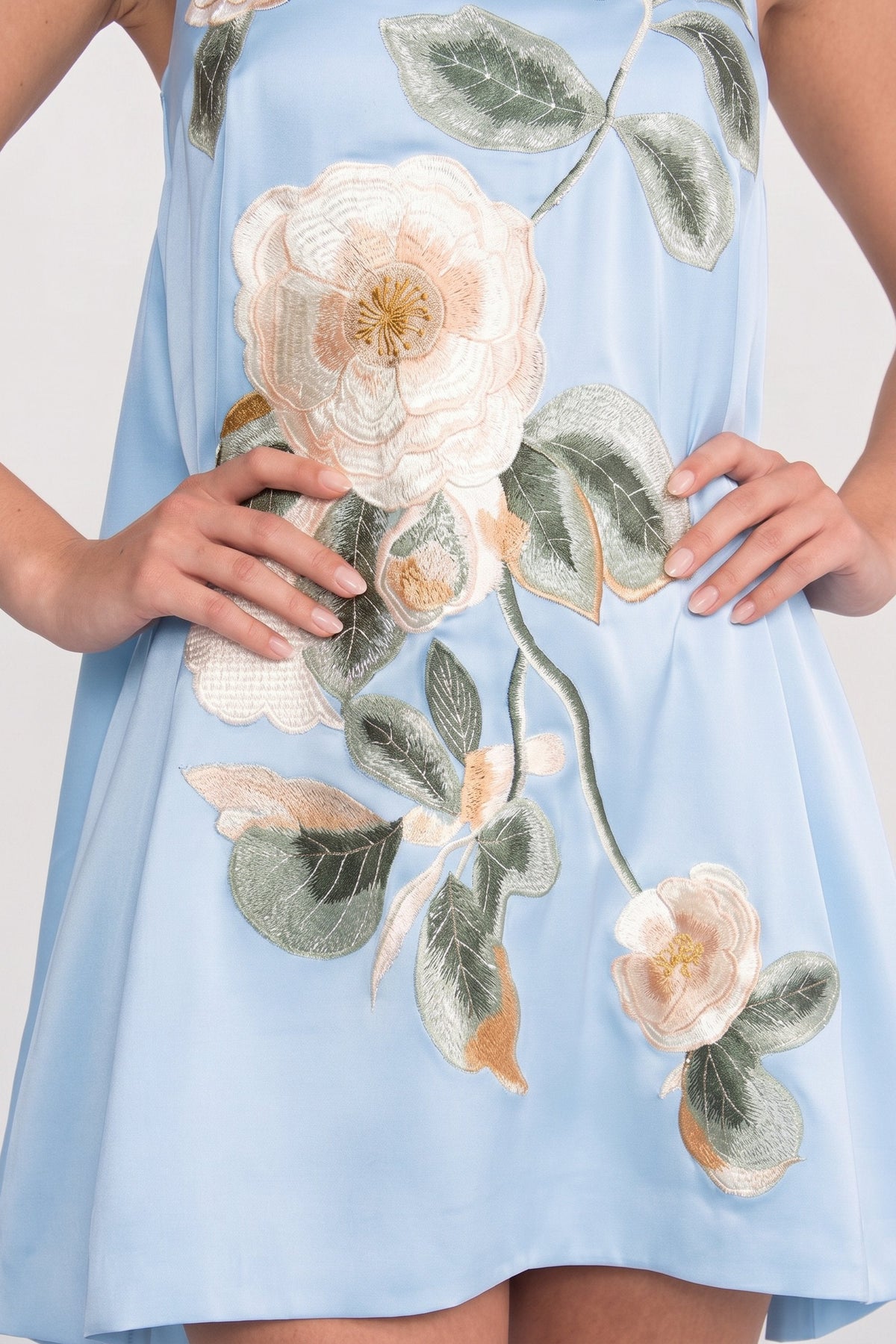 Spaghetti Strap A-Line Mini Dress with 3D Camellia Appliqué – Blue