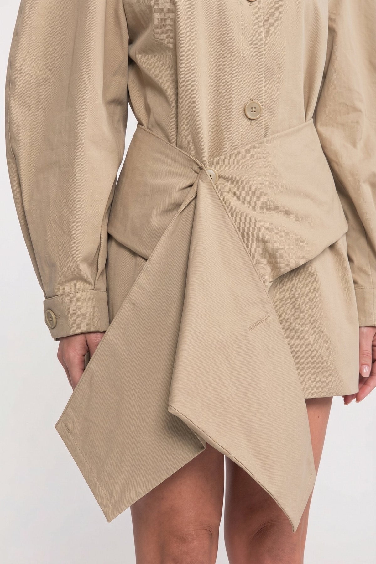 High Collar Balloon Sleeve Belted Jacket with Asymmetric Hem – Beige – view 3