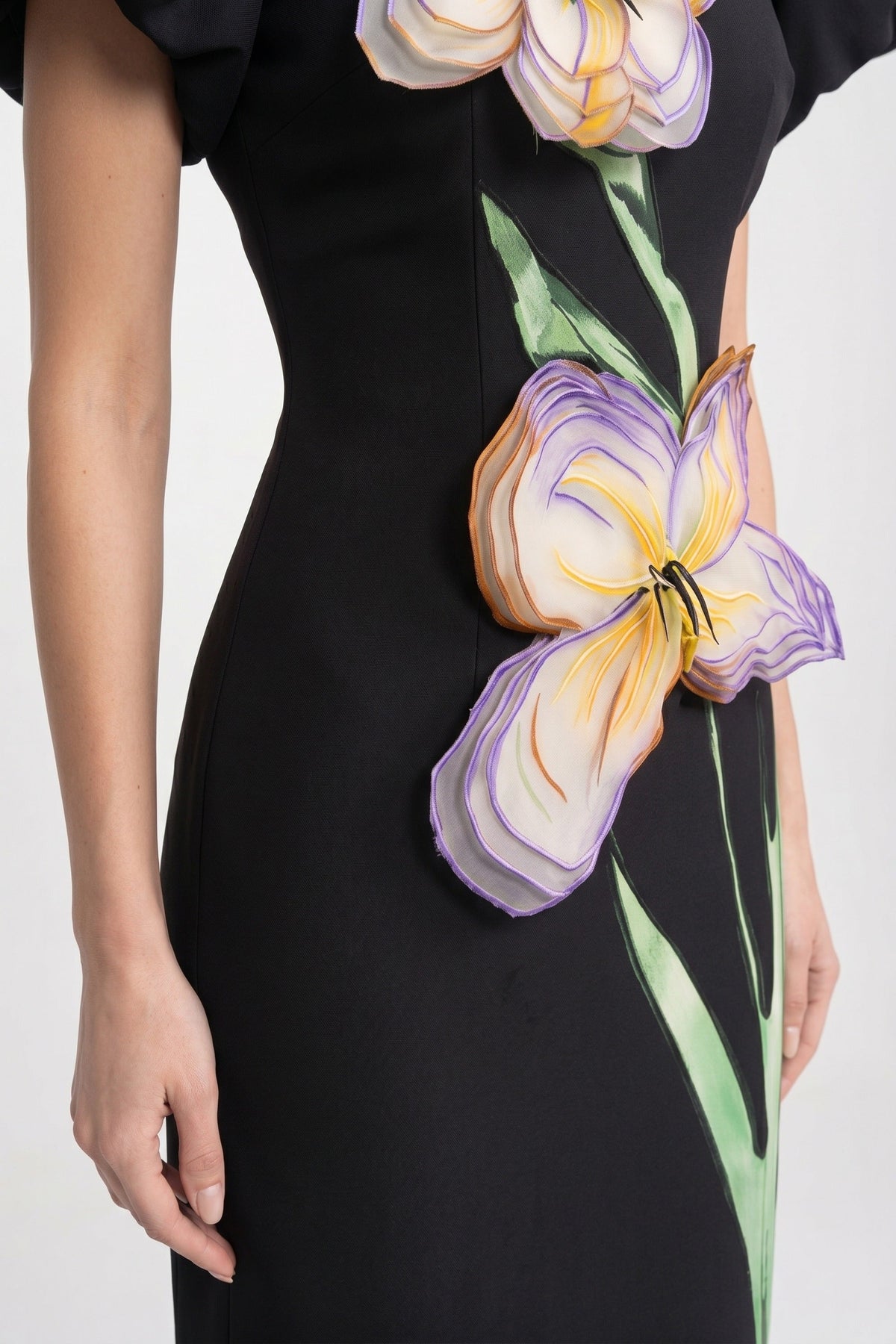 Sculptural Shoulder Column Maxi Dress with 3D Iris Appliqué – Black – view 5