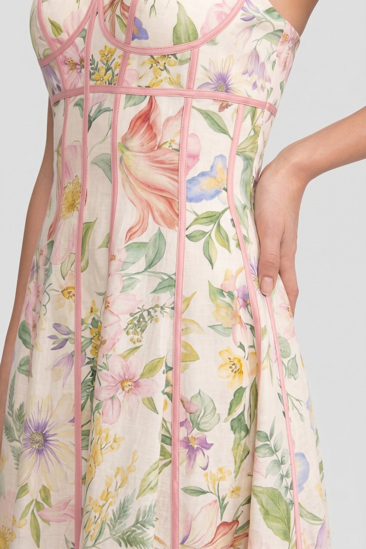 Sweetheart Corset Floral Midi Dress with Ribbon Trim – Multicolour – view 5